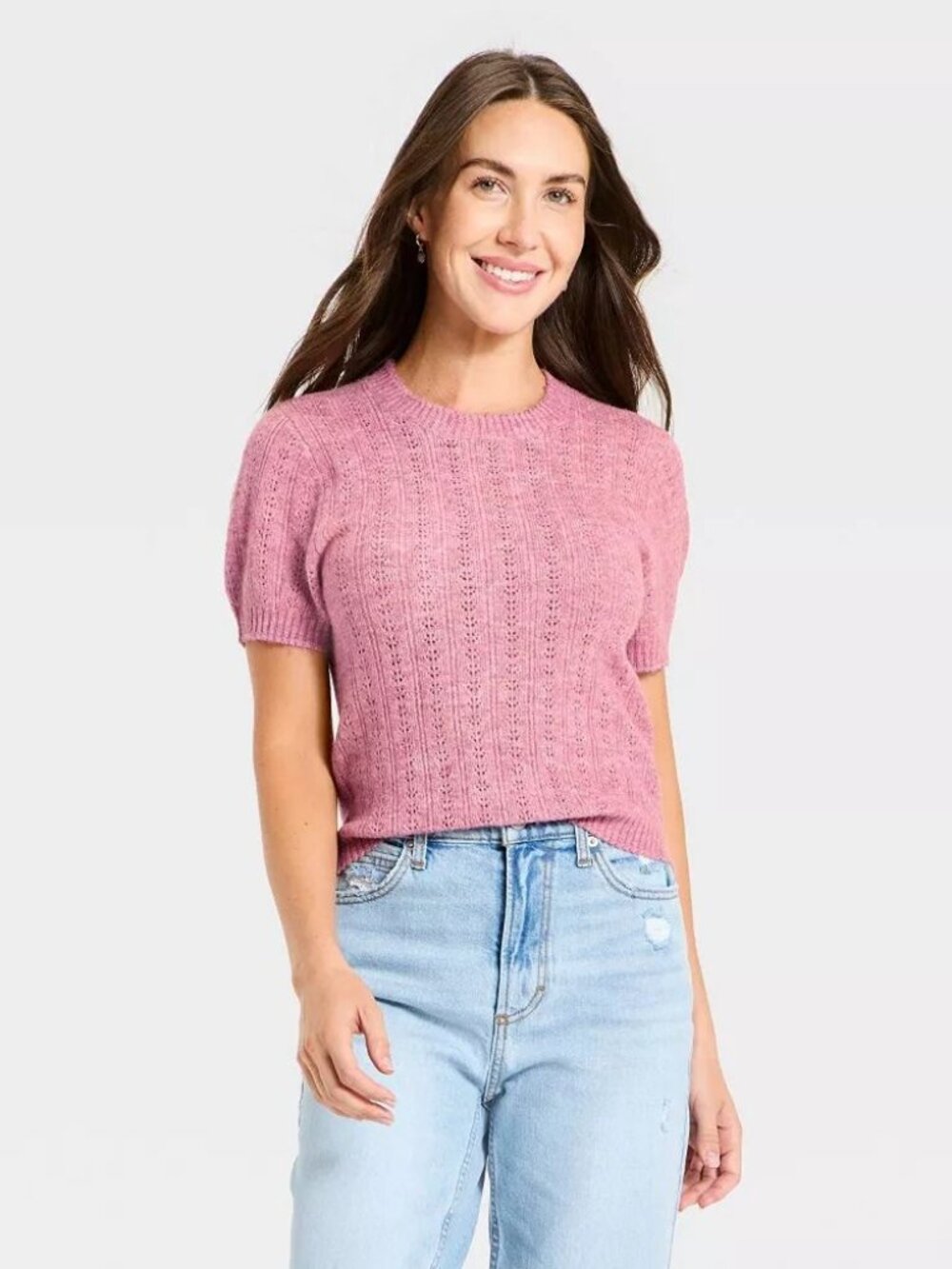 Women's Short Sleeve Pointelle Crewneck Sweater Universal Thread Pink XS